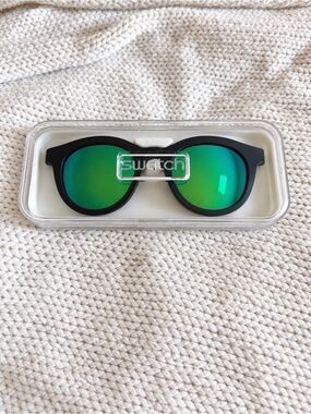 Swatch Black Frame Sunglasses with Green Mirrored Lenses